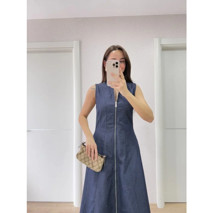 Jeans Kot Önü Tam Fermuarlı Uzun Elbise  avi