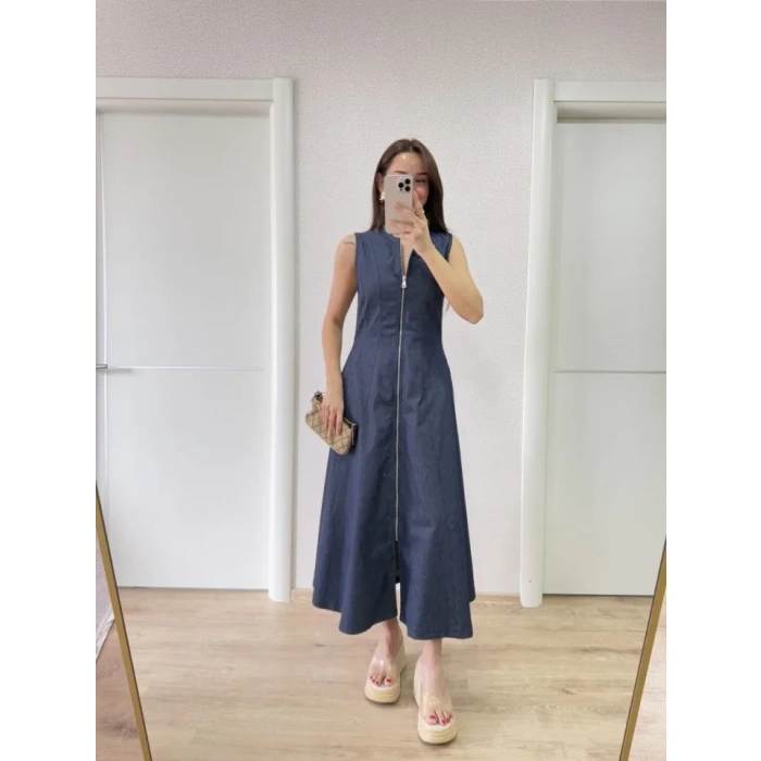 Jeans Kot Önü Tam Fermuarlı Uzun Elbise  avi