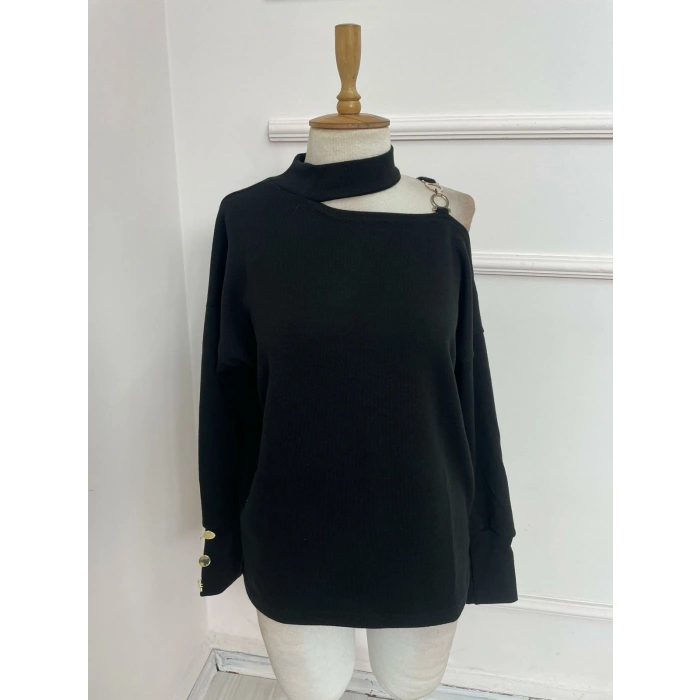 Kadın Akrilik Kumaş Toka Detaylı Oversize Bluz