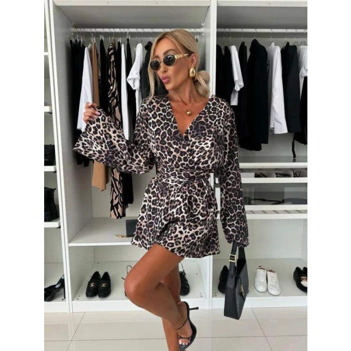 Kadın alaş Kol Kruvaze Yaka Zebra Desen şort Tulum