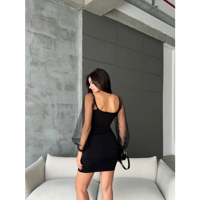 Kadın andy Kumaş Kolları Tül Detaylı Mini Boy Elbise