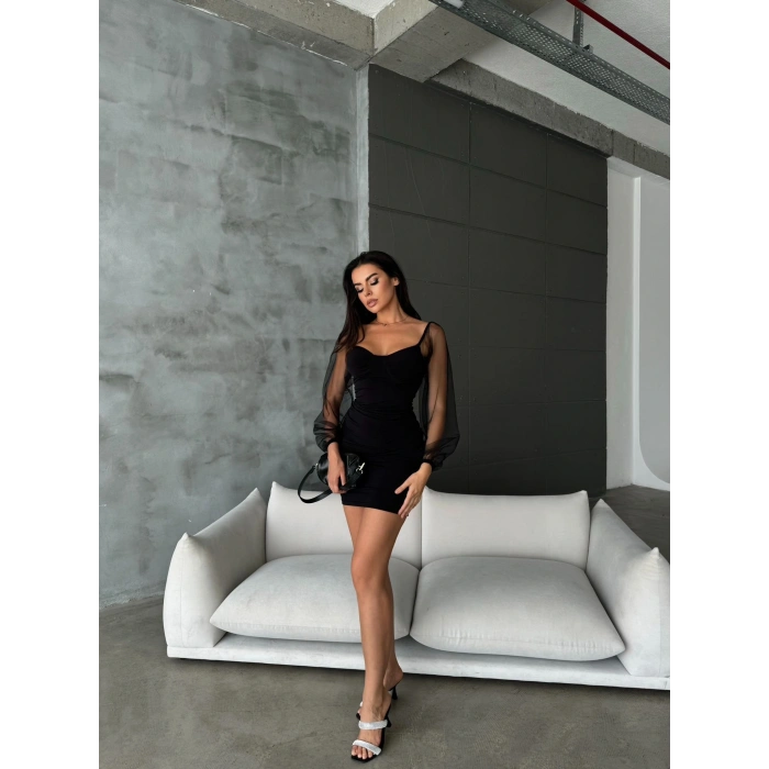 Kadın andy Kumaş Kolları Tül Detaylı Mini Boy Elbise