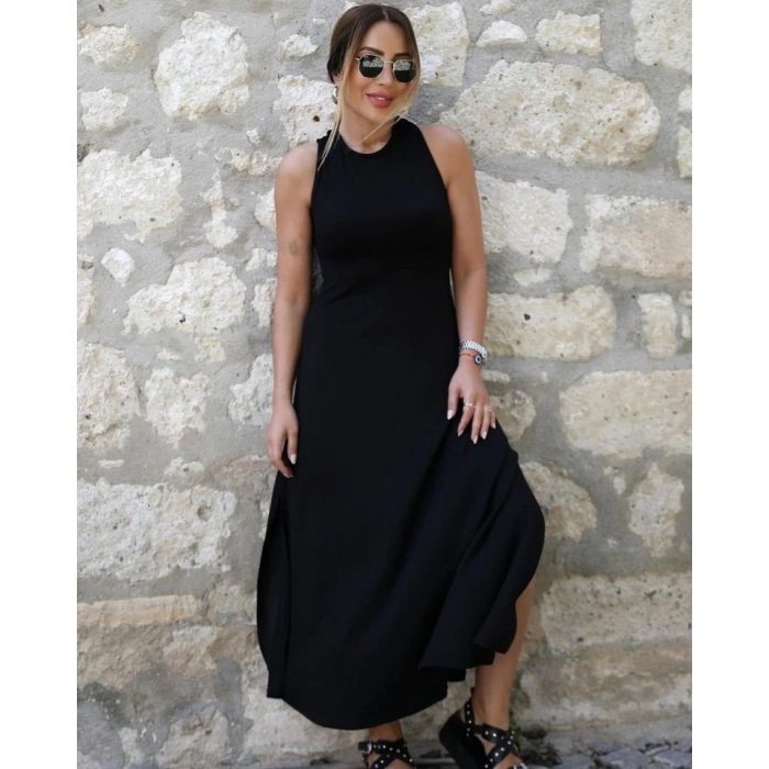 Kadın Arkadan çapraz Detay Yuvarlak Yaka Maksi Viskon Elbise