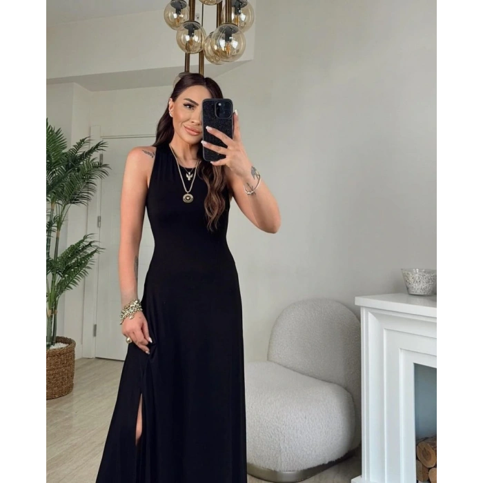 Kadın Arkadan çapraz Detay Yuvarlak Yaka Maksi Viskon Elbise