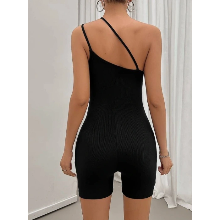Kadın Asimetrik Askılı Mini Kaşkorse Bodycon Tulum