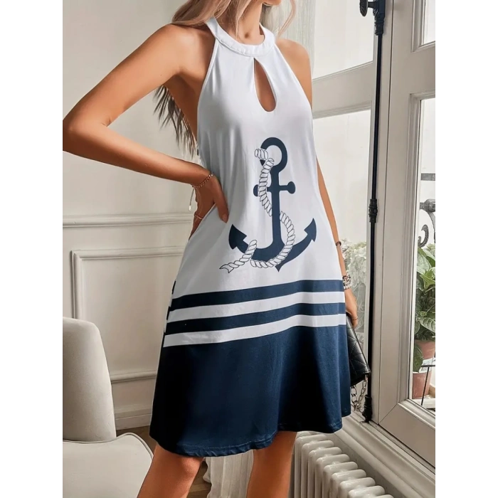 Kadın Askılı çıpa Baskılı Sırtı Açık Kısa Süprem Elbise
