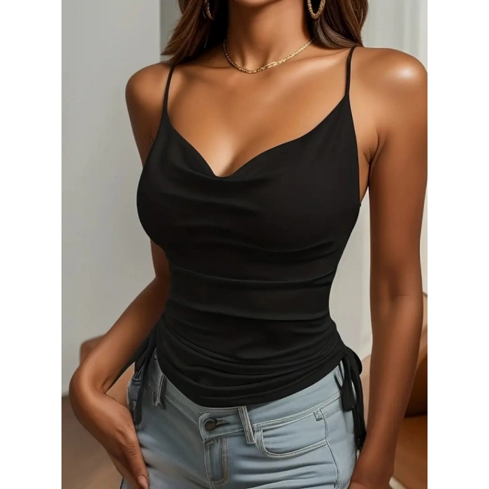 Kadın Askılı Degaje Yaka Yanlardan Büzgülü Sandy Bluz