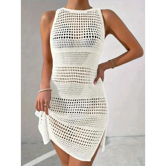 Kadın Askılı Derin Sırt Dekolteli Ajurlu Triko Pareo