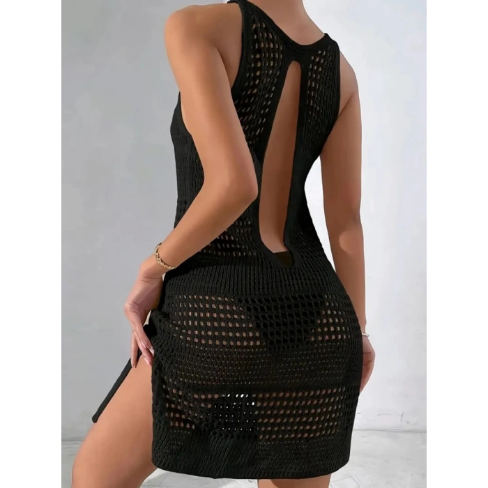 Kadın Askılı Derin Sırt Dekolteli Ajurlu Triko Pareo