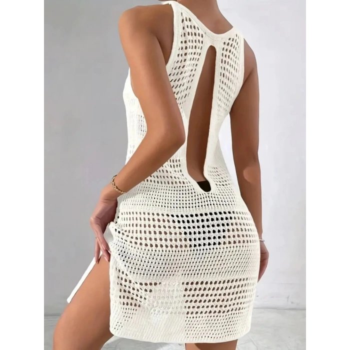 Kadın Askılı Derin Sırt Dekolteli Ajurlu Triko Pareo