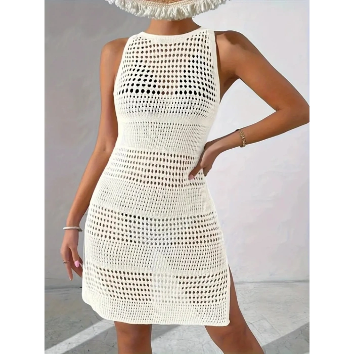 Kadın Askılı Derin Sırt Dekolteli Ajurlu Triko Pareo