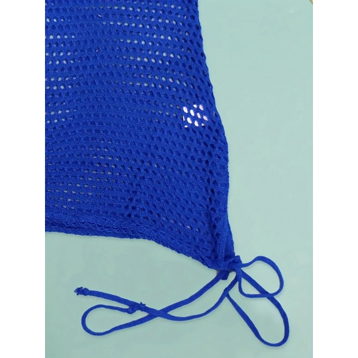 Kadın Askılı Eteği Büzgü Bağlama Detay Delikli örme Triko Pareo Elbise