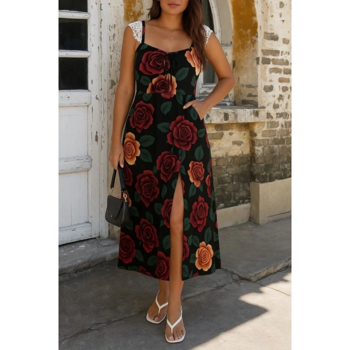 Kadın Askılı Geniş V Yakalı Sırttan Bağlamalı Yırtmaçlı Süprem Elbise