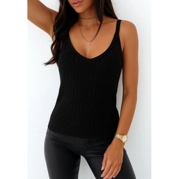 Kadın Askılı Geometrik Desen Triko Bluz