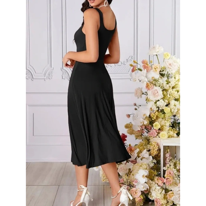 Kadın Askılı Geometrik Yakalı Geniş Kesim Detaylı Ithal Krep Elbise