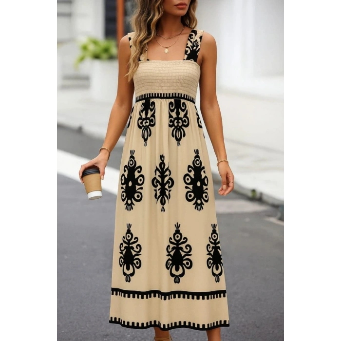 Kadın Askılı Kare Yaka Gipe Detaylı Desenli Suprem Elbise