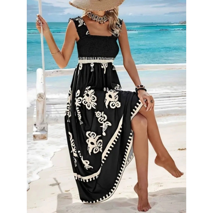 Kadın Askılı Kare Yaka Gipe Detaylı Desenli Suprem Elbise