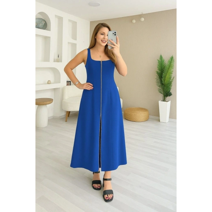 Kadın Askılı Kare Yaka önden Fermuarlı Geniş Kesim Janjan Krep Elbise