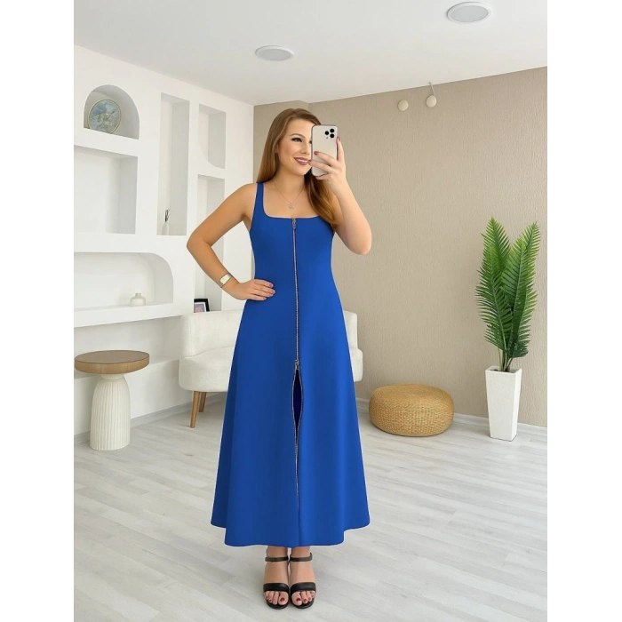 Kadın Askılı Kare Yaka önden Fermuarlı Geniş Kesim Janjan Krep Elbise