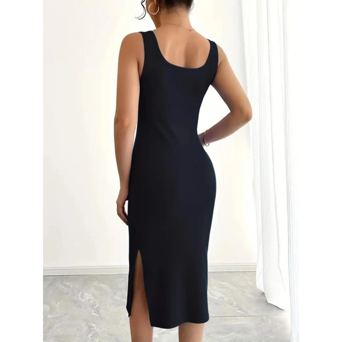 Kadın Askılı Kare Yaka Yandan Yırtmaçlı Midi Kaşkorse Elbise