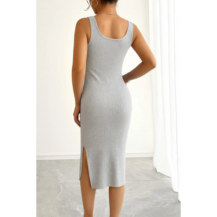 Kadın Askılı Kare Yaka Yandan Yırtmaçlı Midi Kaşkorse Elbise