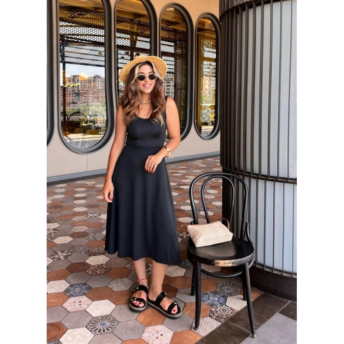 Kadın Askılı Kare Yakalı Midi Ithal Krep Elbise