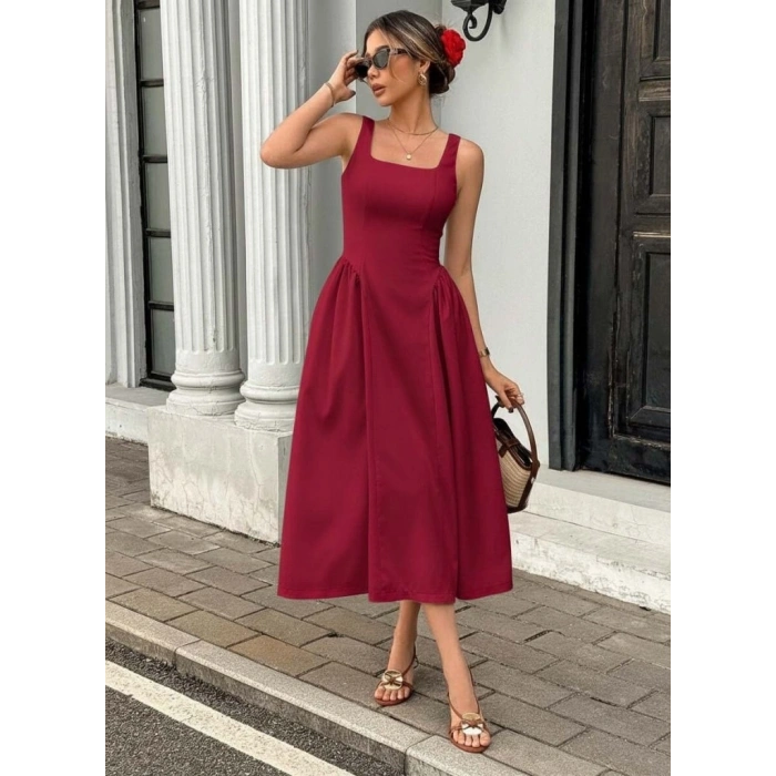 Kadın Askılı Kare Yakalı Uzun Ithal Krep Elbise