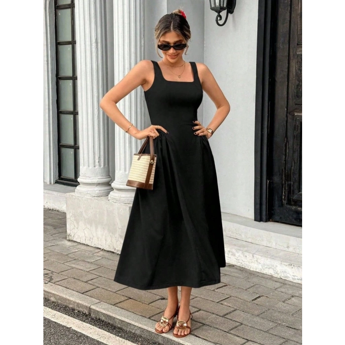 Kadın Askılı Kare Yakalı Uzun Ithal Krep Elbise