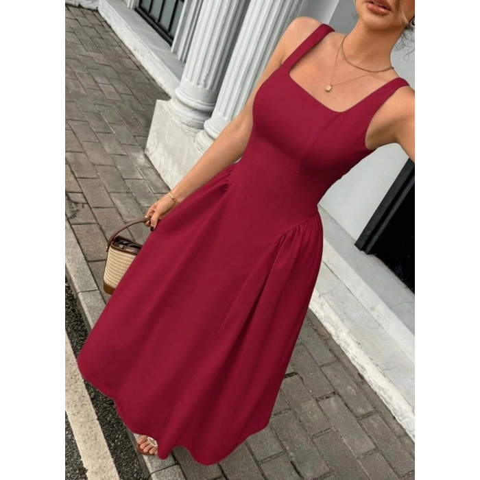 Kadın Askılı Kare Yakalı Uzun Ithal Krep Elbise