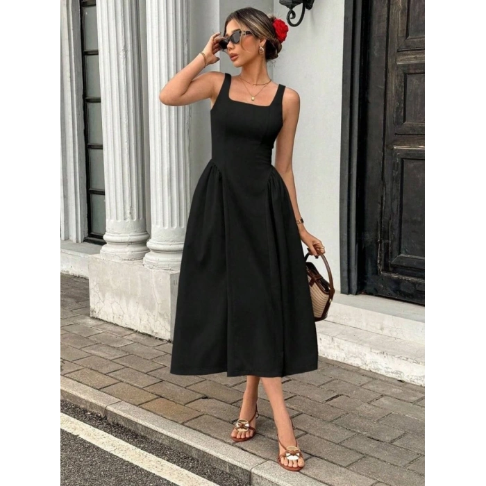 Kadın Askılı Kare Yakalı Uzun Ithal Krep Elbise