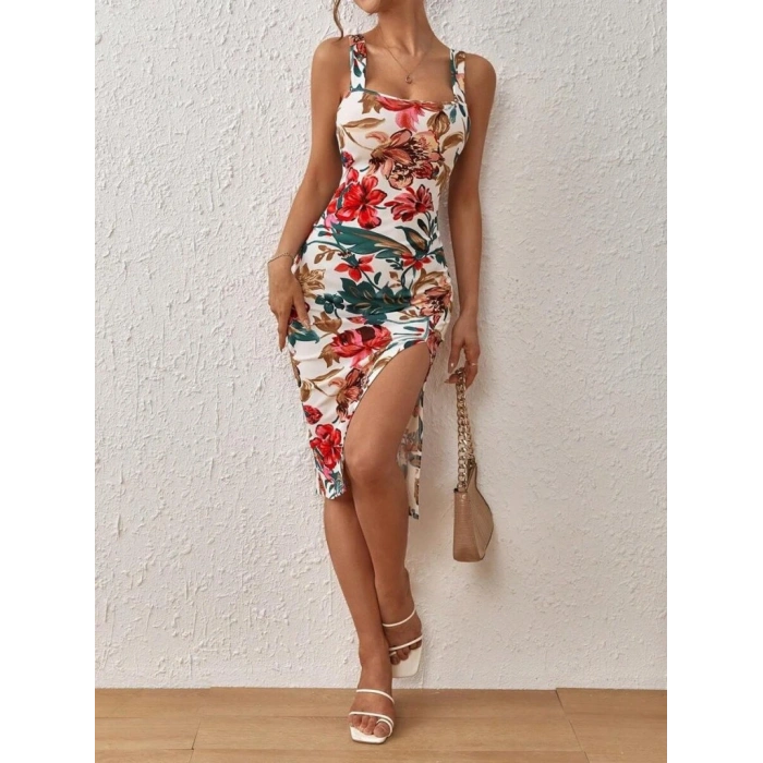 Kadın Askılı Kare Yakalı Yırtmaçlı çiçek Desenli Dalgıç Elbise