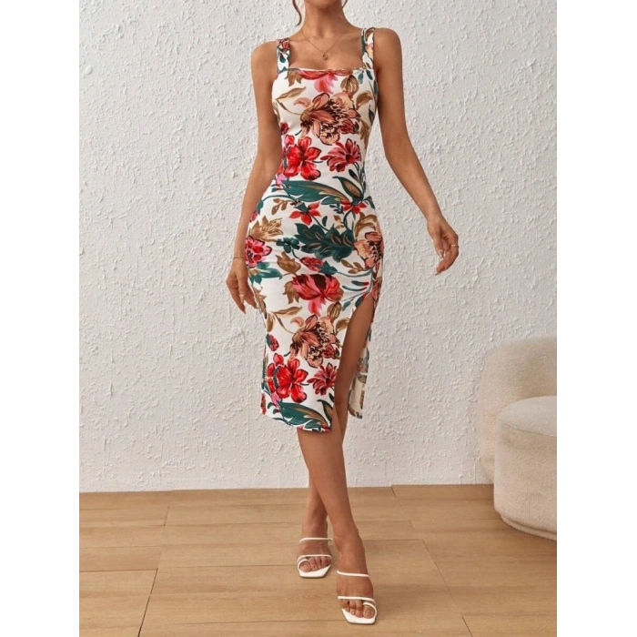 Kadın Askılı Kare Yakalı Yırtmaçlı çiçek Desenli Dalgıç Elbise