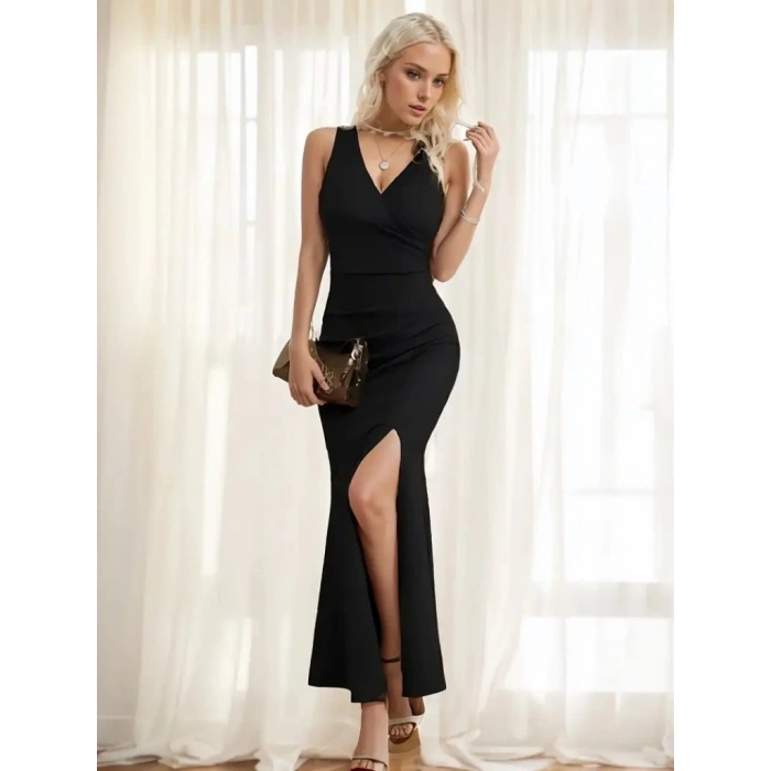 Kadın Askılı Kruvaze Yaka Yırtmaç Detaylı Janjan Krep Elbise