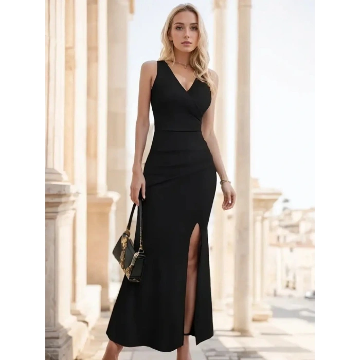 Kadın Askılı Kruvaze Yaka Yırtmaç Detaylı Janjan Krep Elbise