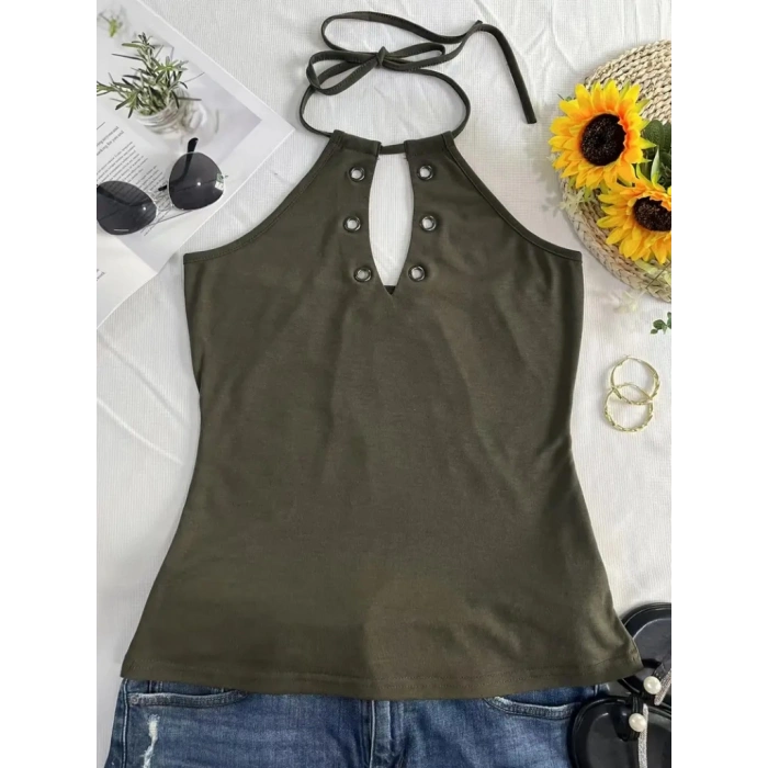 Kadın Askılı Kuş Gözü Ve Dekolte Detay Boyundan Bağlamalı Viskon Bluz