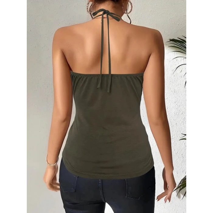 Kadın Askılı Kuş Gözü Ve Dekolte Detay Boyundan Bağlamalı Viskon Bluz