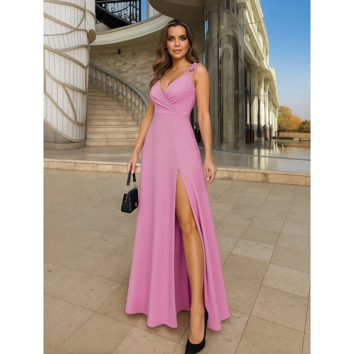 Kadın Askılı Omuzdan Bağlamalı Kruvaze Yakalı Uzun Yırtmaçlı Janjan Krep Elbise