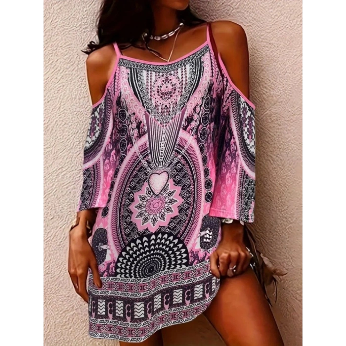 Kadın Askılı Omuzlardan Açık Truvakar Kol Desenli Kısa Süprem Elbise