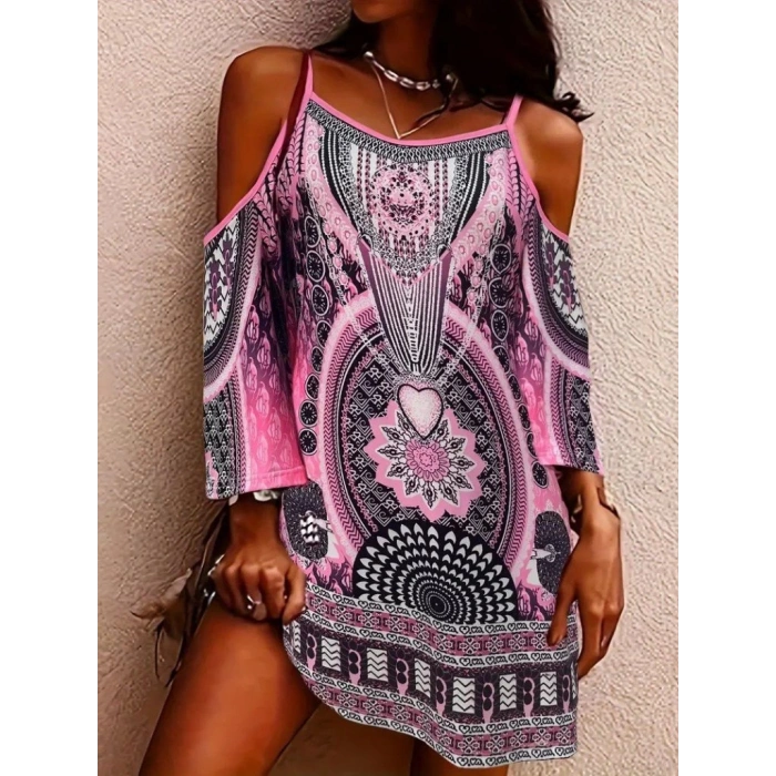 Kadın Askılı Omuzlardan Açık Truvakar Kol Desenli Kısa Süprem Elbise