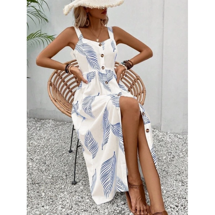 Kadın Askılı önden Düğmeli Yaprak Desenli Uzun Süprem Elbise