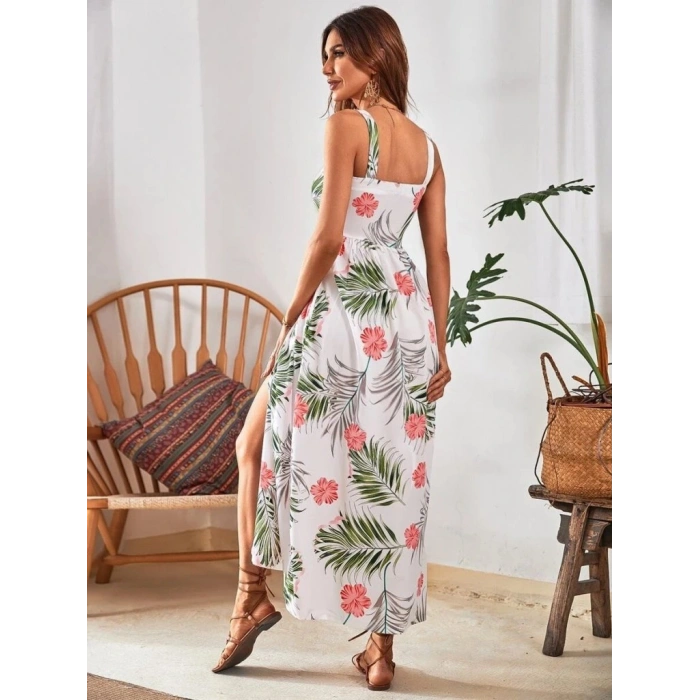 Kadın Askılı önden Düğmeli Yaprak Desenli Uzun Süprem Elbise