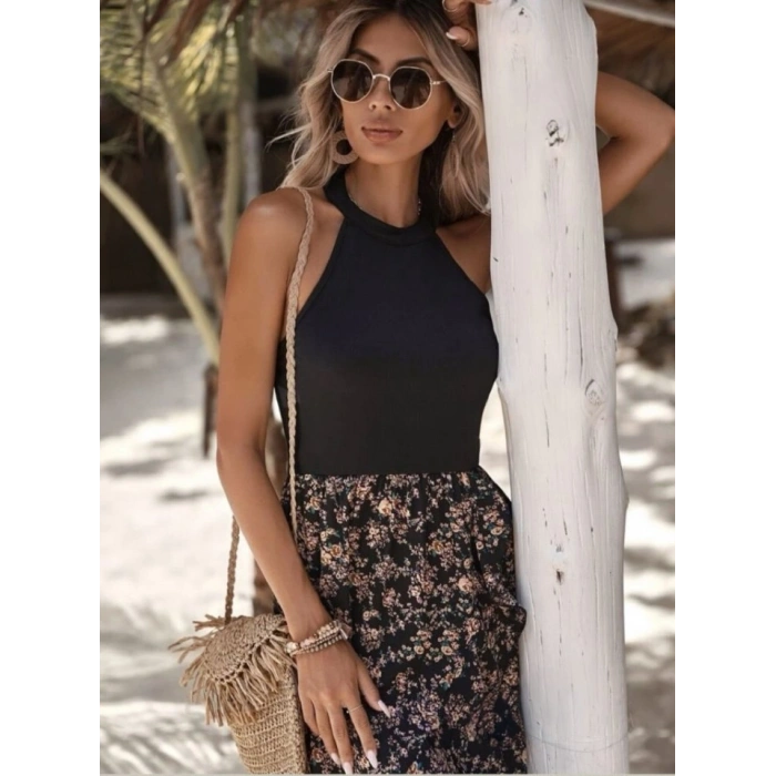 Kadın Askılı Sırt Dekolteli çiçek Baskılı üst Viskon Alt Süprem Elbise