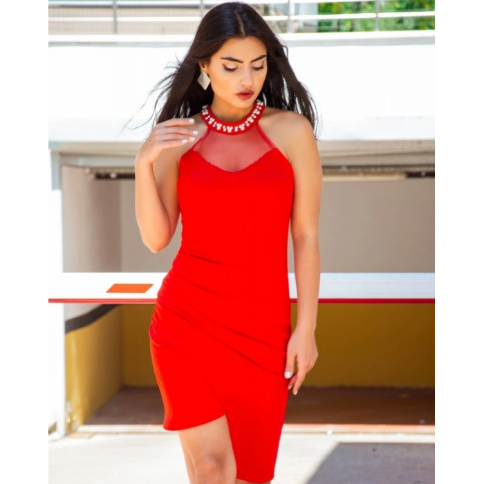 Kadın Askılı Taş Işlemeli Ve Tül Detay Yırtmaçlı Krep Elbise