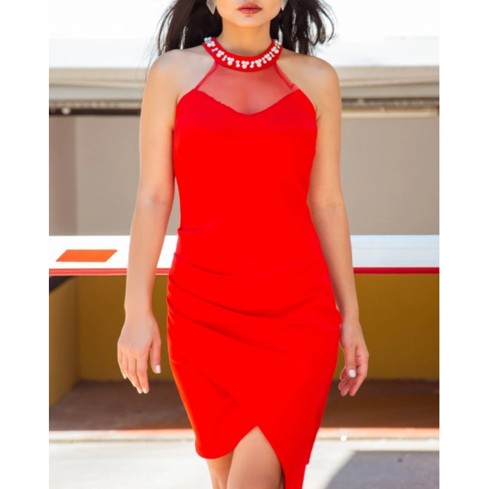 Kadın Askılı Taş Işlemeli Ve Tül Detay Yırtmaçlı Krep Elbise