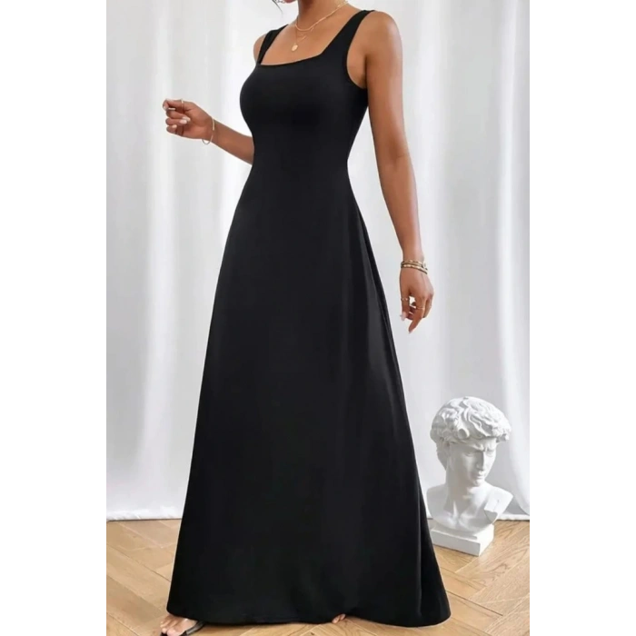 Kadın Askılı U Yaka Janjan Krep Elbise