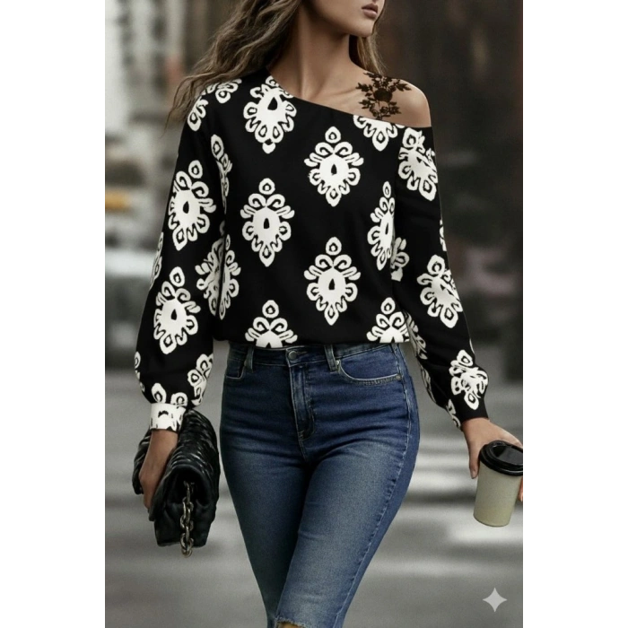 Kadın Askılı Uzun Kollu Omuzlardan Açık Desenli Mosskrep Bluz