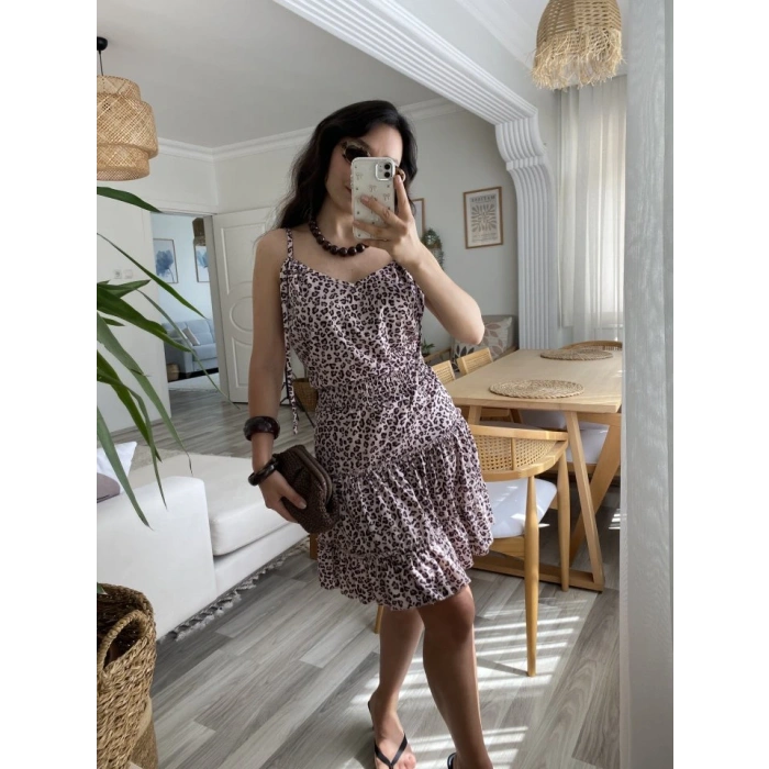 Kadın Askılı V Yaka Beli Pileli Leopar Desen Eteği Fırfırlı Süprem Elbise