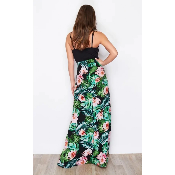 Kadın Askılı V Yaka Eteği Dijital Baskılı çiçek Desenli Yırtmaçlı Mikro Kumaş Elbise