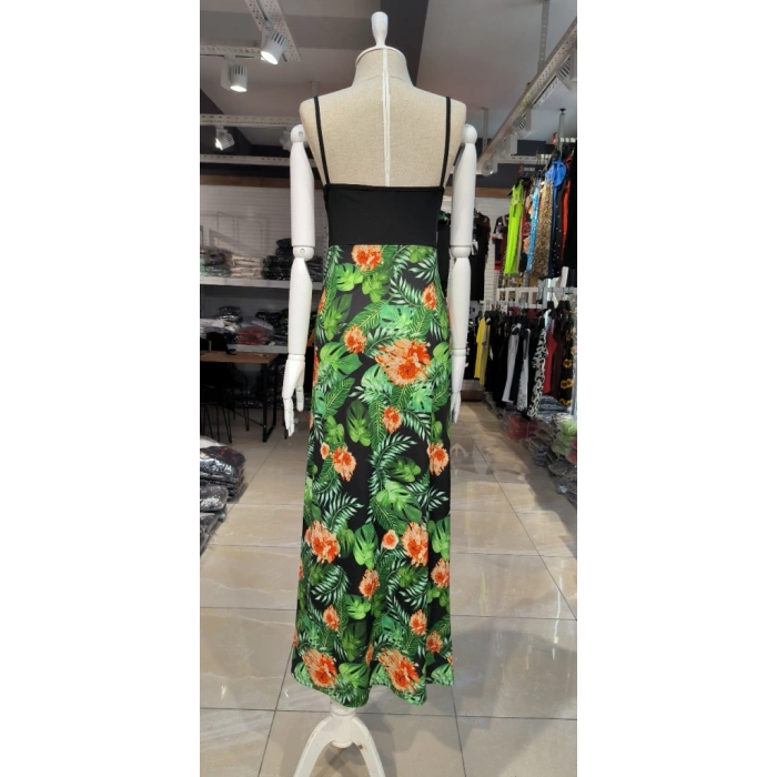 Kadın Askılı V Yaka Eteği Dijital Baskılı çiçek Desenli Yırtmaçlı Mikro Kumaş Elbise