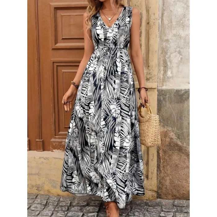 Kadın Askılı V Yakalı Belden Bağcıklı Geniş Kesim Desenli Süprem Elbise